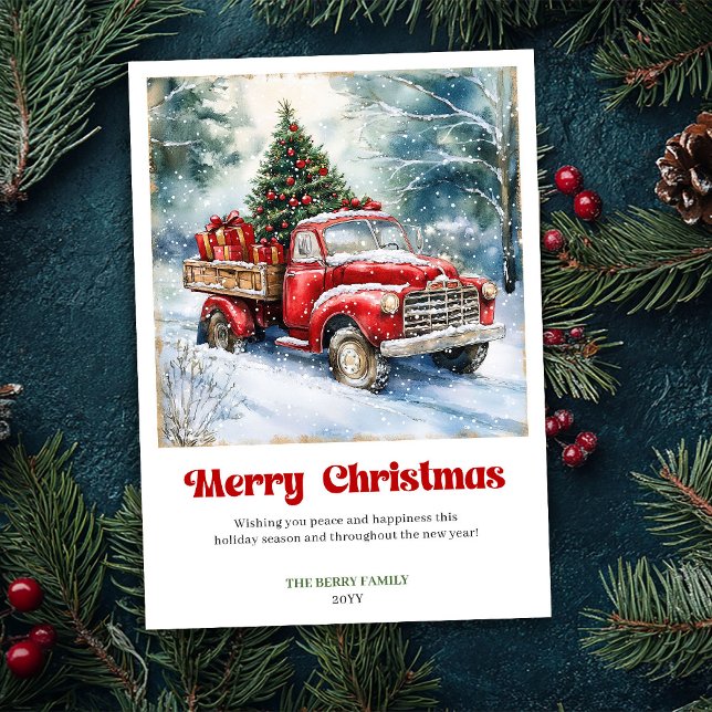 Lugn Rustik Röd Lastbil Vinter Scen Julkort (Serene Rustic Red Truck Winter Scene Greeting Card)