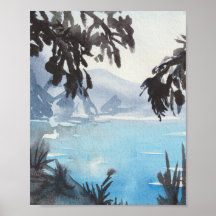 Lugn sjölandskap Aquarell Väggkonsttryck