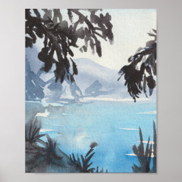 Lugn sjölandskap Aquarell Väggkonsttryck Poster