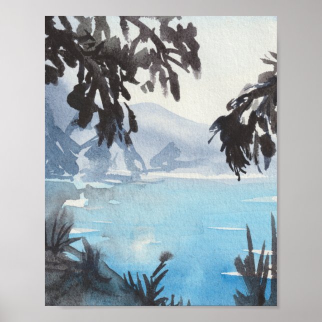 Lugn sjölandskap Aquarell Väggkonsttryck Poster (Framsidan)