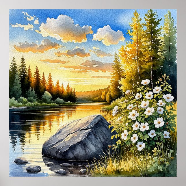 Lugn sjölandskap vid solnedgång poster (Framsidan)
