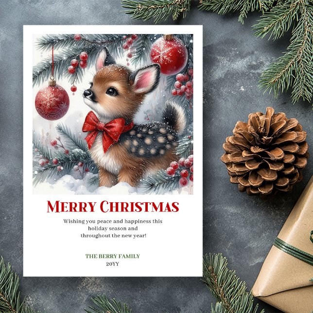Lugn snig Skogsväxande rådjur Vattenfärg Julkort   (Calm Snowy Forest Fawn Watercolor Christmas Card Christ)