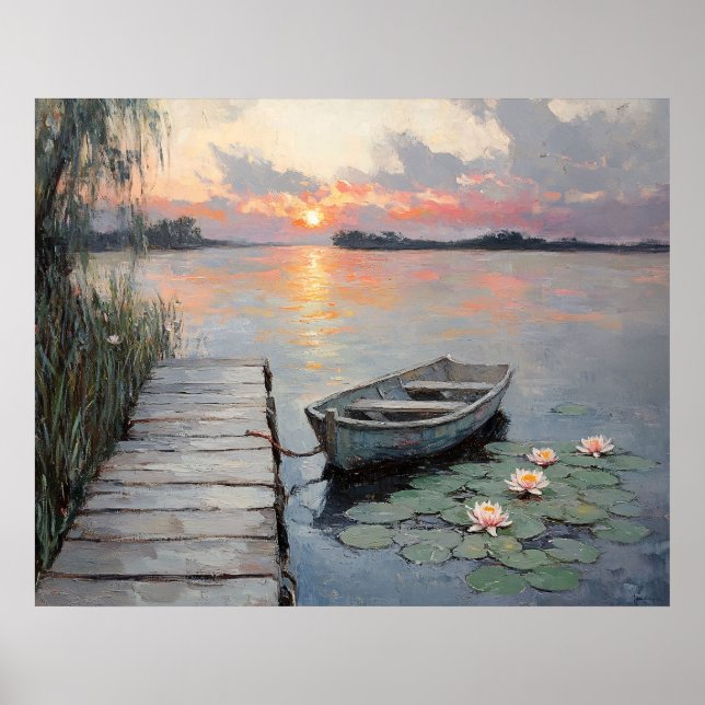Lugn solnedgång över roddbåt på en sjö poster (Framsidan)