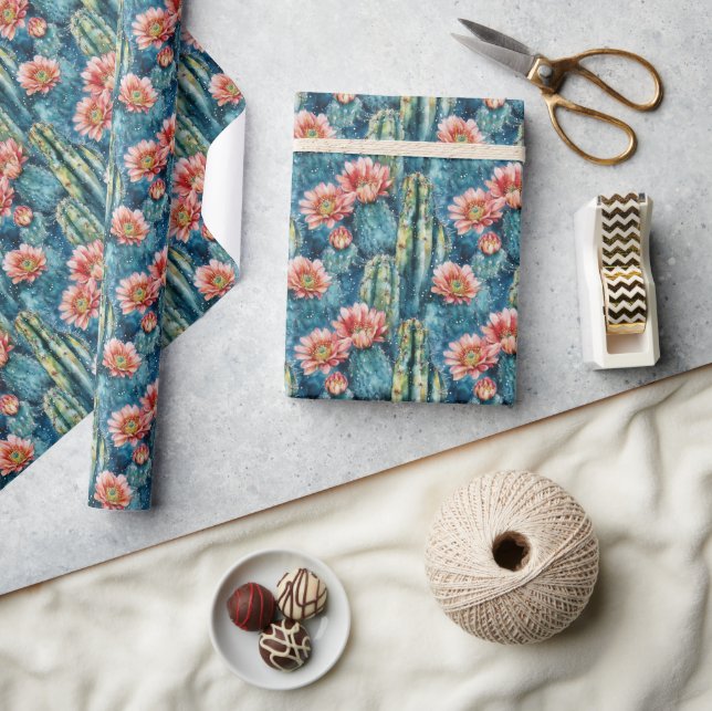 Lugn Teal Akvarell Kaktus och Blommor Presentpapper (Hantverk)