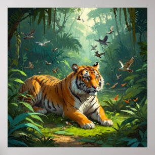 Lugn Tiger Ljugande i Jungle med fågelmålning Poster