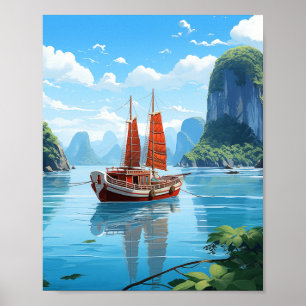 Lugn traditionell junkbåt i Vietnams smaragdgröna Poster