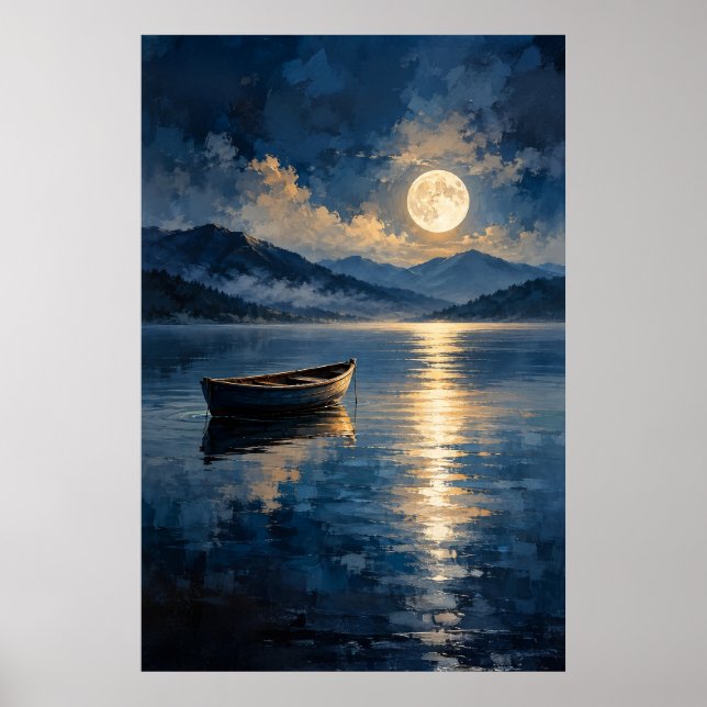 Lugn träradbåt månreflektion poster (Framsidan)