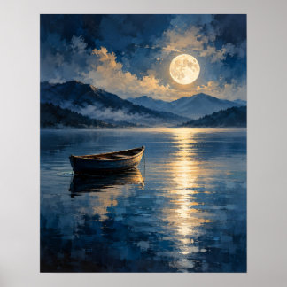 Lugn träroddbåt månreflektion poster