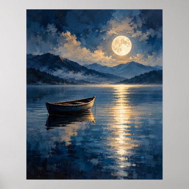 Lugn träroddbåt månreflektion poster (Framsidan)