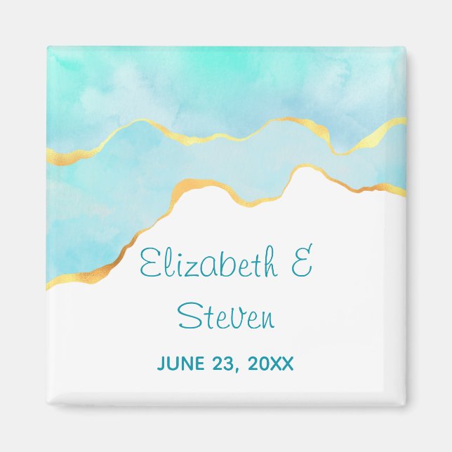 Lugn Tropisk Grön med Guld Kant Bröllop Magnet (Framsidan)