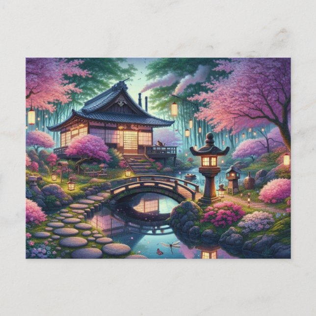 Lugn vårkväll i en japansk trädgård vykort (Framsida)