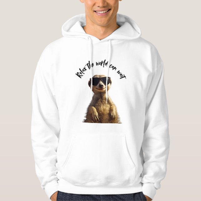 Lugn – Världen kan vänta | Cool Surikat med Sol Hoodie (Framsida)