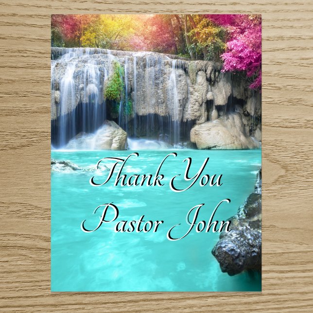 Lugn vattenfall blå soluppgång pastor appreciation tack kort (Blue Green Waterfall Sunrise Pastor Appreciation Thank You Card)