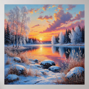 Lugn vinter solnedgång över en snöig skog poster