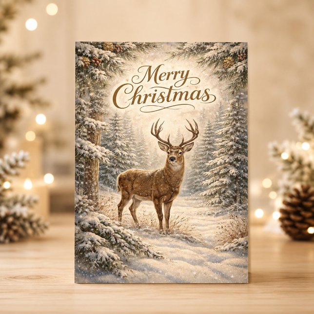Lugn vinterhjort Glad jul skogsscen Helgkort (Skapare uppladdad)