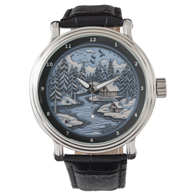 Lugn vinterstuga vid frostig flod armbandsur (Framsida)