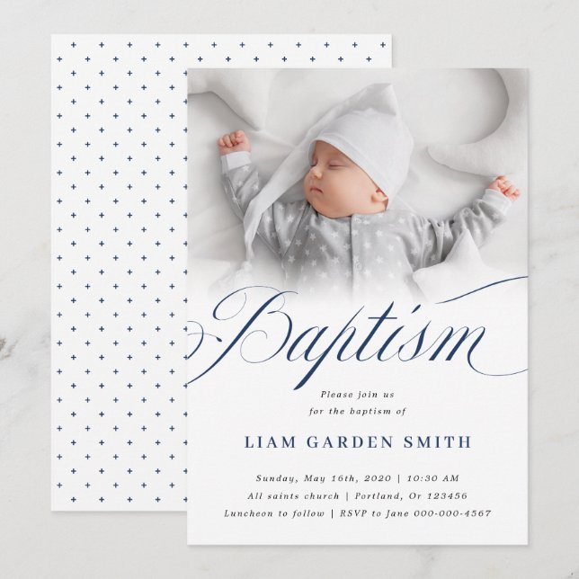 Lugn vit dop fotodesign med script inbjudningar (Fram/baksida)