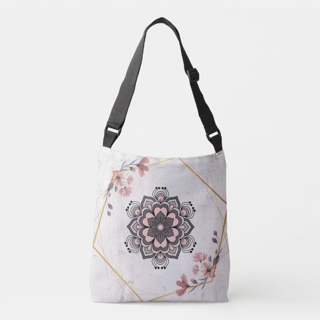 Lugnande harmonisk geometrisk blomster-mandala axelväska (Framsida)