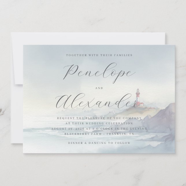 Lugnblått Vattenfärgslighthouse Inbjudningar (Framsida)
