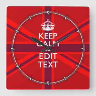 Lugnen Red Behålla har din text om Union Jack Flag Fyrkantig Klocka