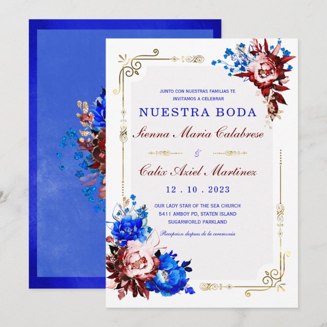 Lujo De Boda en Burdeos y Azul Inbjudningar (Fram/baksida)
