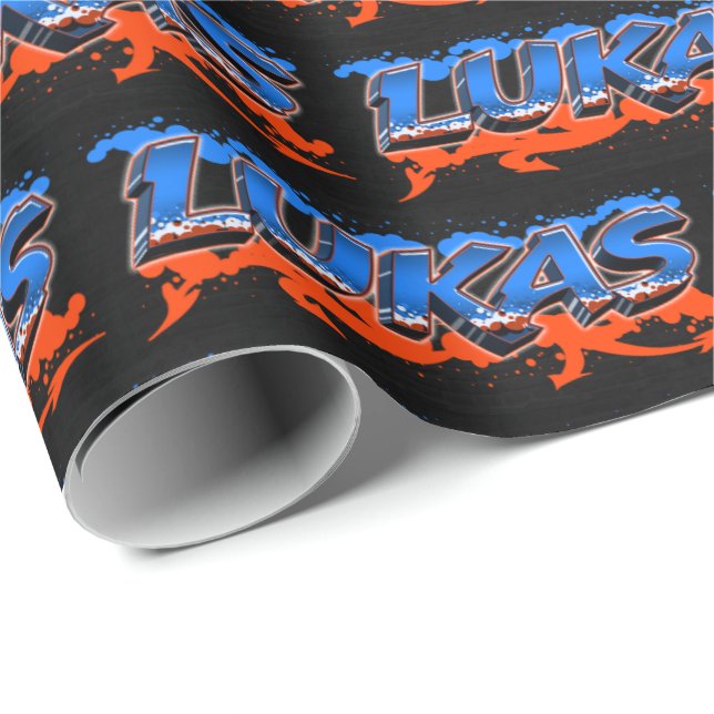 Lukas Vorname Name Graffiti blue orange Presentpapper (Rullad Hörn)