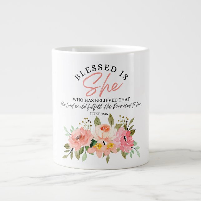 Luke 1:45 Blsed är Blommigt Scripture Jumbo Mugg (Framsidan)