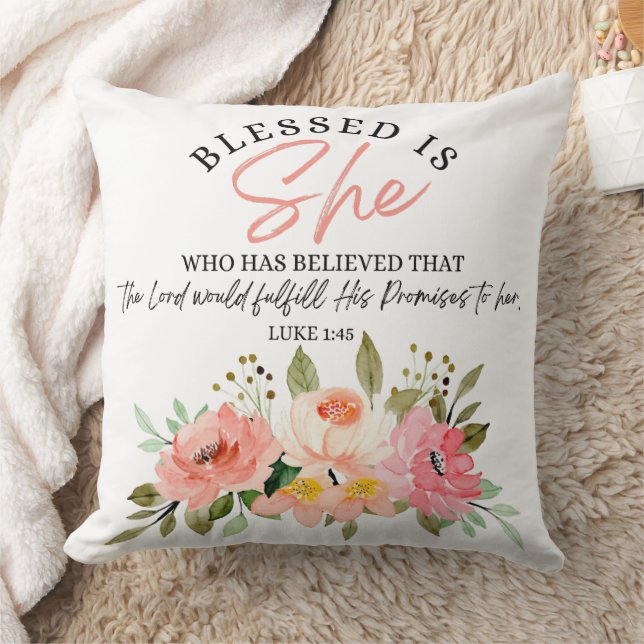 Luke 1:45 Blsed är Blommigt Scripture Kudde (Filt)