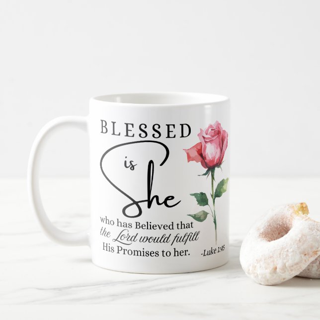 Luke 1:45 Blsed är Ro Flower Kaffemugg (Med munk)