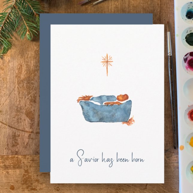 Luke 2:11 Minimalistisk vattenfärgsfiktiv jul Julkort (Luke 2:11 hand painted minimalist watercolor nativity Christmas card. Blue custom holiday card.)