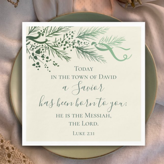 Luke 2:11 Scripture Anpassningsbar Modern Gräs jul Pappersservett (Luke 2:11 Christian scripture elegant sage pine Christmas dinner napkins. Custom modern script decor)