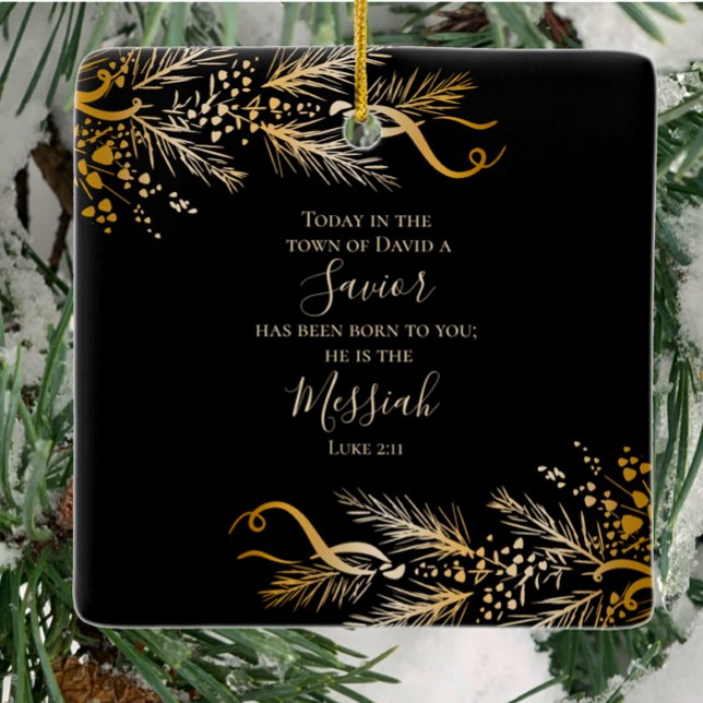Luke 2:11 Scripture Elegant Guld God jul Julgransprydnad Keramik (Luke 2:11 Christian Bible Verse Christmas ornament. Customize Elegant Golden Merry Christmas gift.)