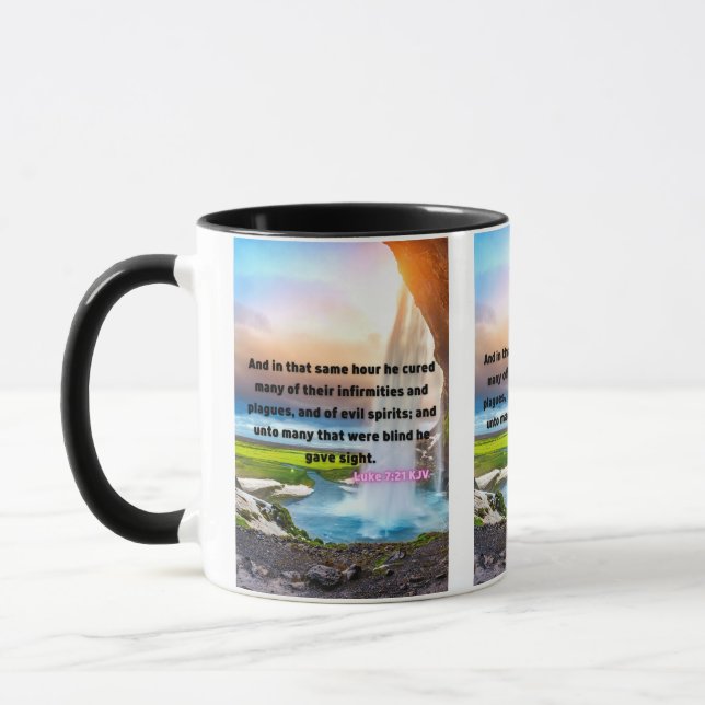 Luke 7:21 KJV Bible Verse Pic Two-Tone Mugg (Vänster)