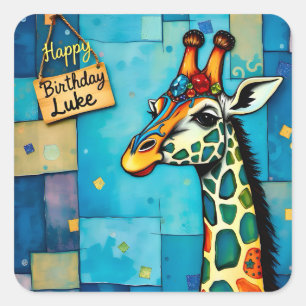 LUKE ~ GRATTIS PÅ FÖDELSEDAGEN ~ Giraffe ~ Fyrkantigt Klistermärke