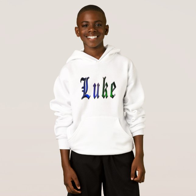 Luke, Namn, Logotyp, Boys White Ull Hoodie... Tee Shirt (Hel framsida)