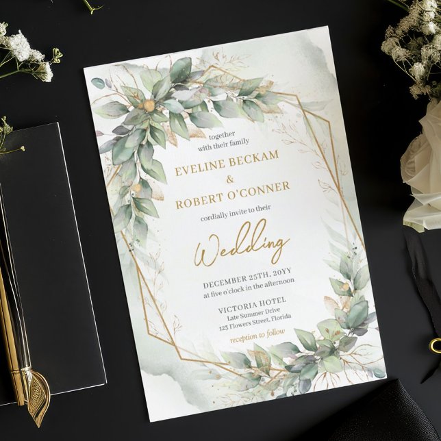 Luksuriös akvarell grön eukalyptus guld bröllop inbjudningar (Modern botanical greenery leaf gold frame wedding invitation digital)