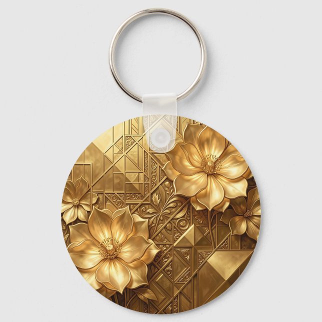 Luksuriös Art Deco Blommig Präglad Guldmönster Nyckelring (Framsida)