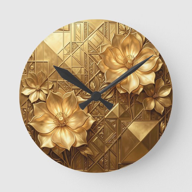 Luksuriös Art Deco Blommig Präglad Guldmönster Rund Klocka (Framsida)