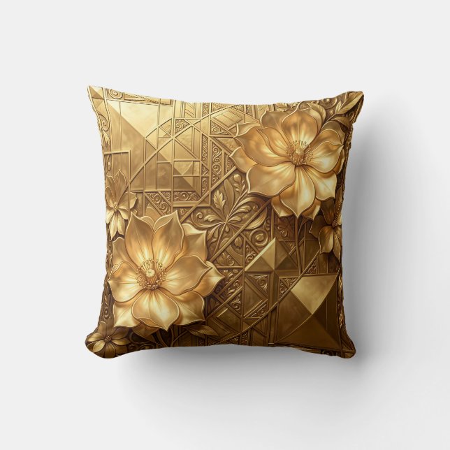 Luksuriös Art Deco Blommig Präglad Mönster i Guld Kudde (Framsida)