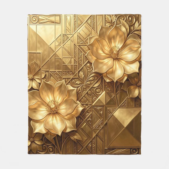 Luksuriös Art Deco Blommönster i Guld Präglad Fleecefilt (Framsidan)