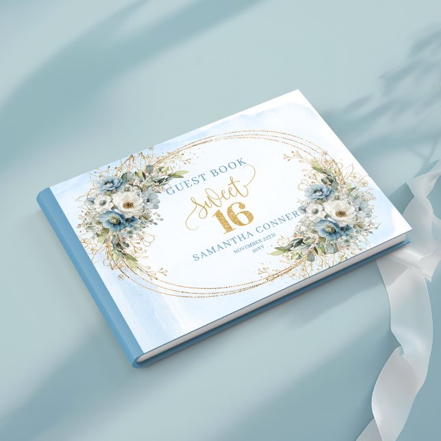 Luksuriös dammig blå guld Sweet 16-gästbok Gästböcker (Opulent Dusty Blue Gold Sweet 16th Guest Book)
