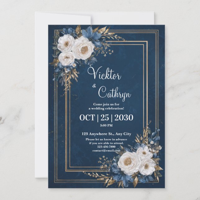 Luksuriös guld marinblå vit ros blomsterbröllop inbjudningar (Framsida)