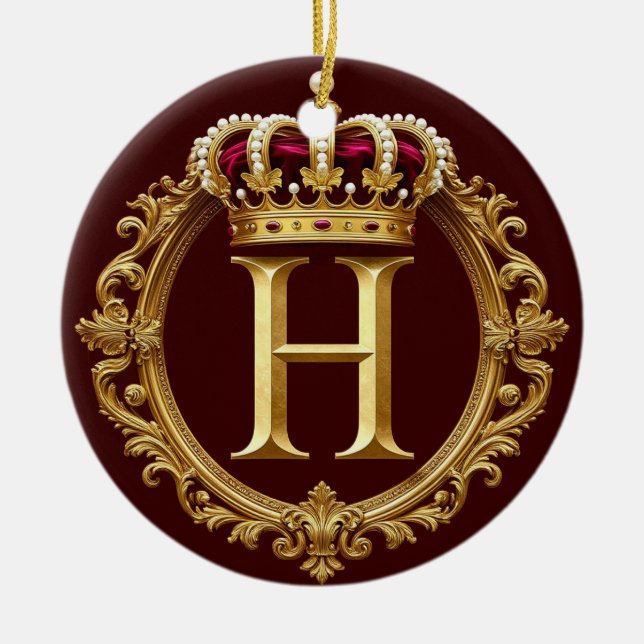 Luksuriös guldram med krönt monogram julgransprydnad keramik (Framsidan)