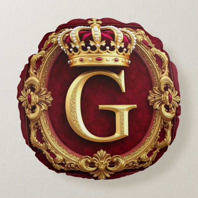 Luksuriös guldram med krönt monogram rund kudde (Framsidan)
