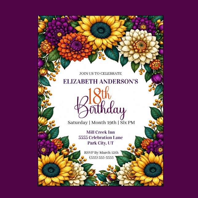 Luksuriös höstblomma 18-årsdag inbjudningar (Opulent Fall Flower 18th Birthday Invitation.)