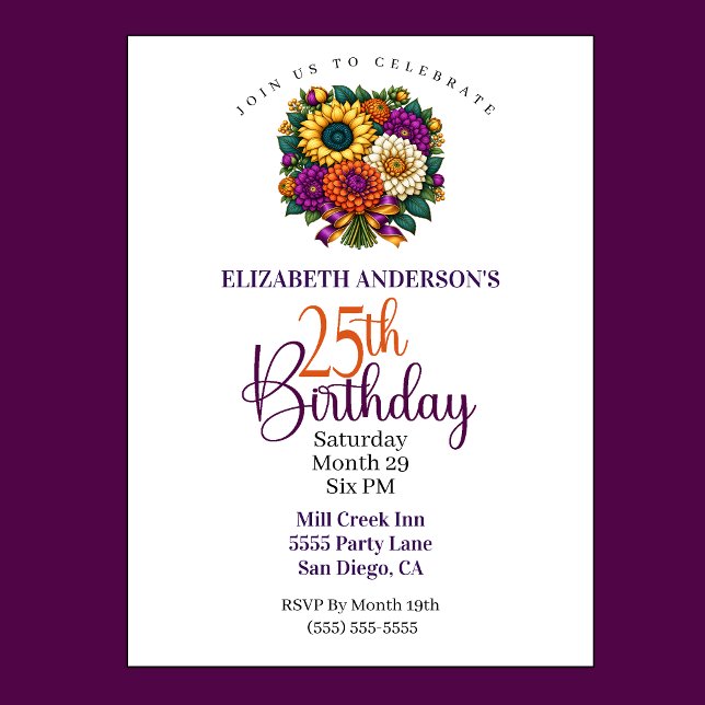 Luksuriös höstblomsterbukett 25-årsfirande inbjudningar (Opulent Fall Flower Bouquet 25th Birthday Invitation For Women.)