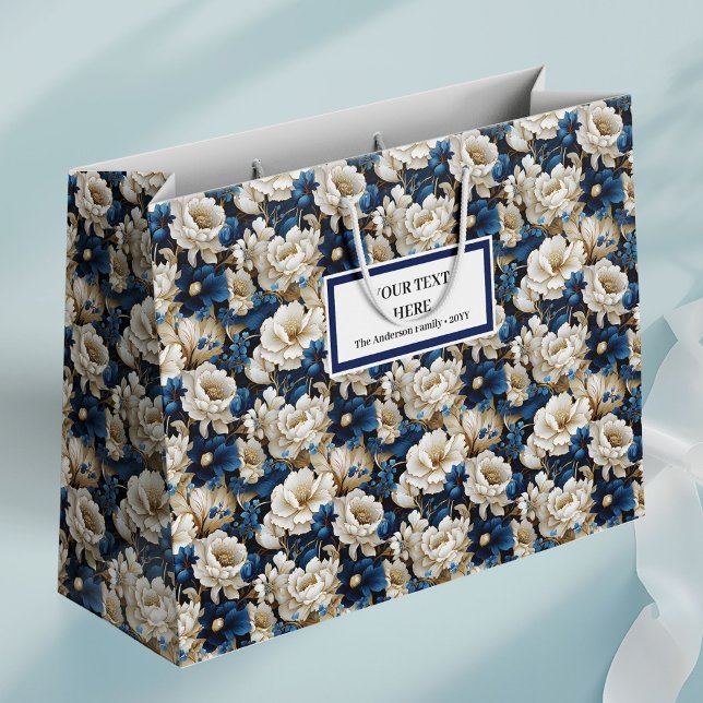Luksuriös Marin Vit Elfenbensblomma Elegant Presen (Opulent Navy White Ivory Floral Elegant Gift Bag)