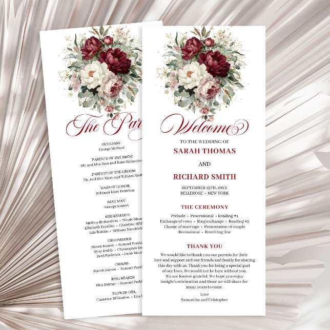 Luksuriös Rosa Burgunder Blommig Bröllopsprogram Program (Opulent Blush Burgundy Floral Wedding Program)