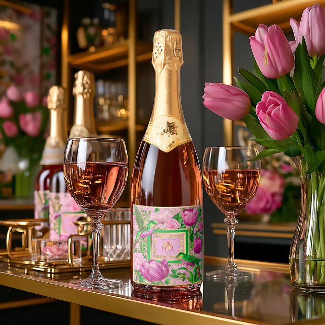Luksuriös Rosa Grön Botanisk Soaré Dryck (Vibrant Fun Spring and Summer Soiree Personalized Wine Bottle Labels )
