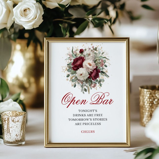 Luksuriös rosé Burgundy Öppen bar bröllopsskylt Poster (Opulent Blush Burgundy Open Bar Wedding Sign)
